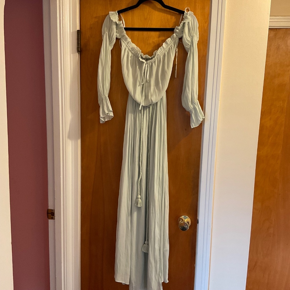 Forever 21 Long Sleeve Sheer Off The Shoulder Dress Sea Foam Green Gown Sz XS - Picture 5 of 13